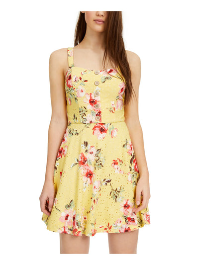 BCX Womens Yellow Embellished Floral Spaghetti Strap Scoop Neck Mini Fit + Flare Dress Juniors XL