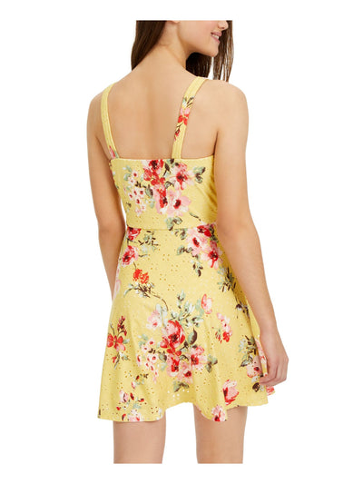 BCX Womens Yellow Embellished Floral Spaghetti Strap Scoop Neck Mini Fit + Flare Dress Juniors XL