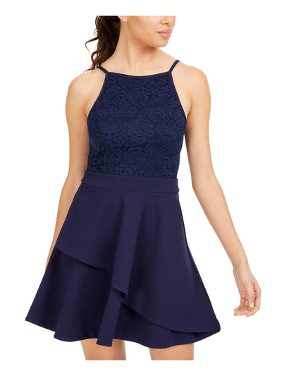 SPEECHLESS Womens Navy Lace Zippered Spaghetti Strap Short Party Fit + Flare Dress 7