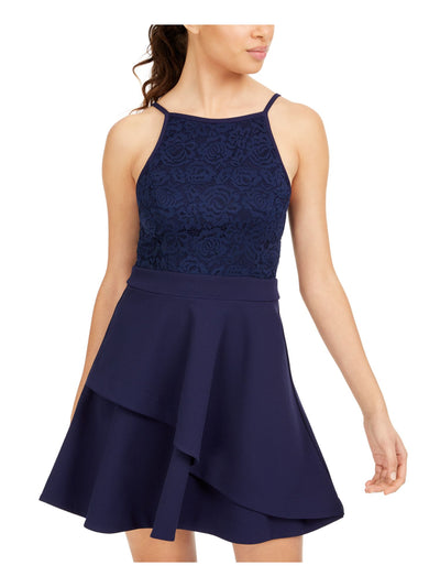 SPEECHLESS Womens Navy Lace Zippered Spaghetti Strap Short Party Fit + Flare Dress Juniors 7