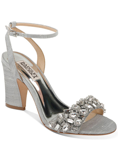 BADGLEY MISCHKA Womens Silver Toe Strap Metallic Rhinestone Round Toe Block Heel Buckle Dress Sandals Shoes 7