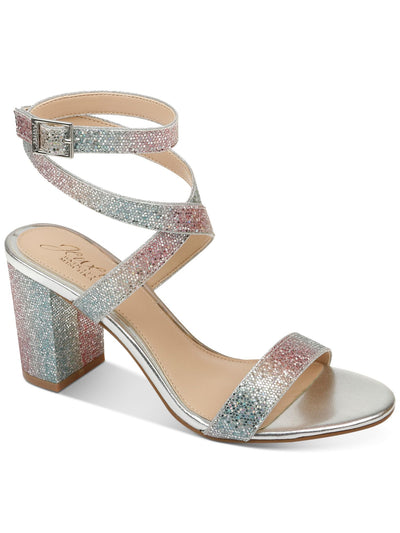 JEWEL BADGLEY MISCHKA Womens Rainbow Silver Iridescent Adjustable Ankle Strap Glitter Padded Newberry Round Toe Block Heel Buckle Dress Sandals Shoes 9.5