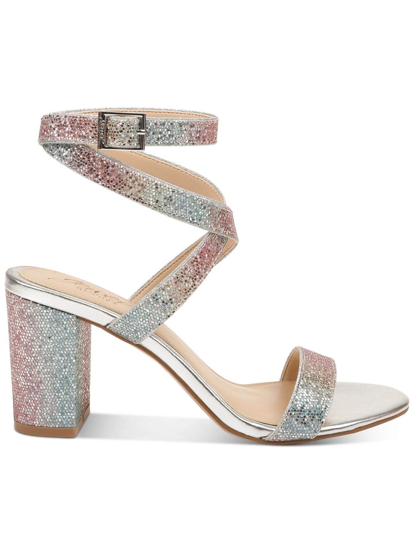 JEWEL BADGLEY MISCHKA Womens Rainbow Silver Iridescent Adjustable Ankle Strap Glitter Padded Newberry Round Toe Block Heel Buckle Dress Sandals Shoes 9.5