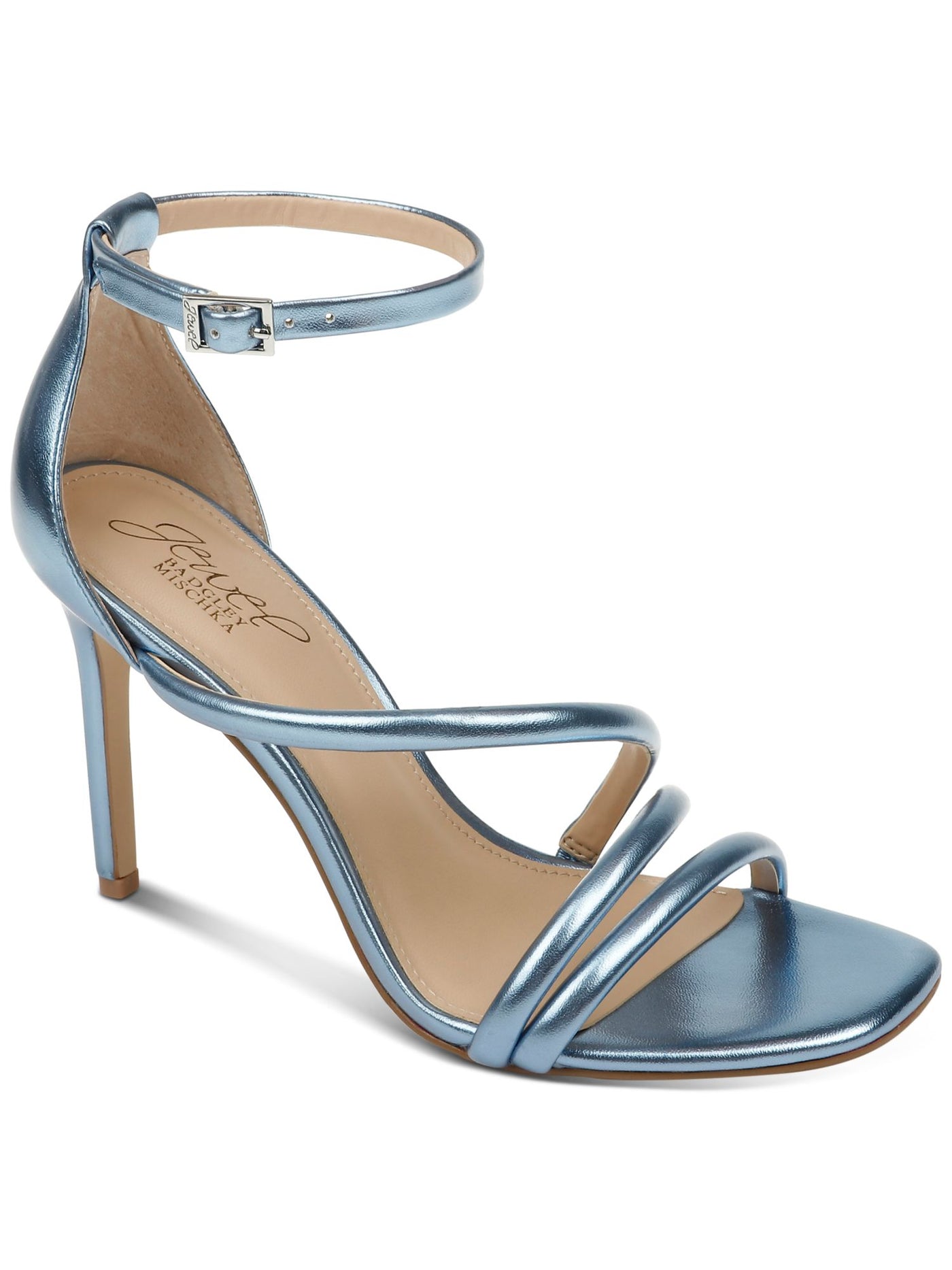 JEWEL BADGLEY MISCHKA Womens Light Blue Ankle Strap Tubular Design Iridescent Asymmetrical Adjustable Strap Naylor Square Toe Stiletto Buckle Dress Sandals Shoes 8 M