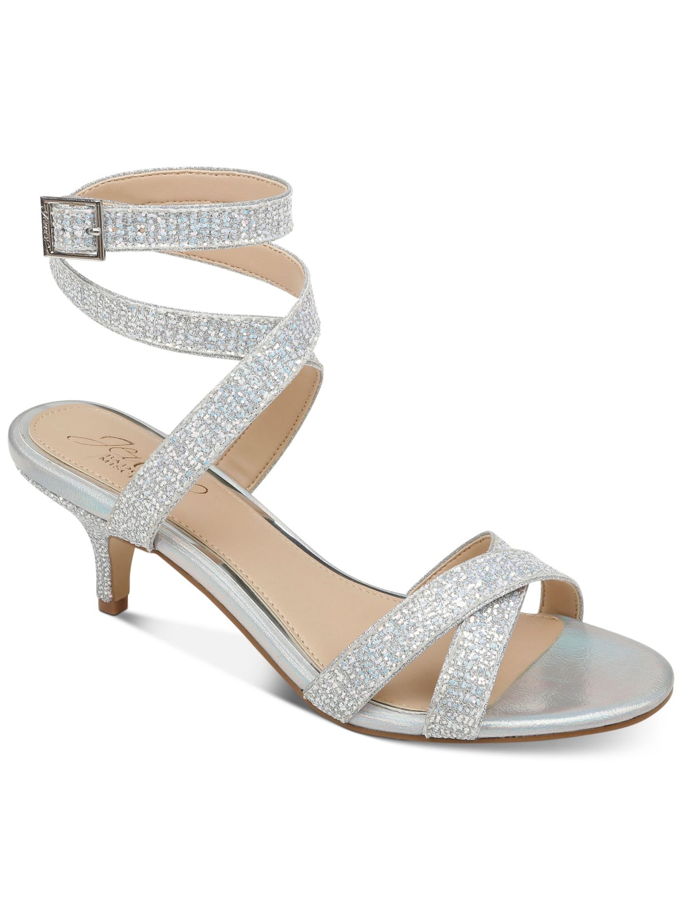 JEWEL BADGLEY MISCHKA Womens Silver Glitter Strappy Newton Round Toe Kitten Heel Buckle Dress Sandals Shoes 6.5 M