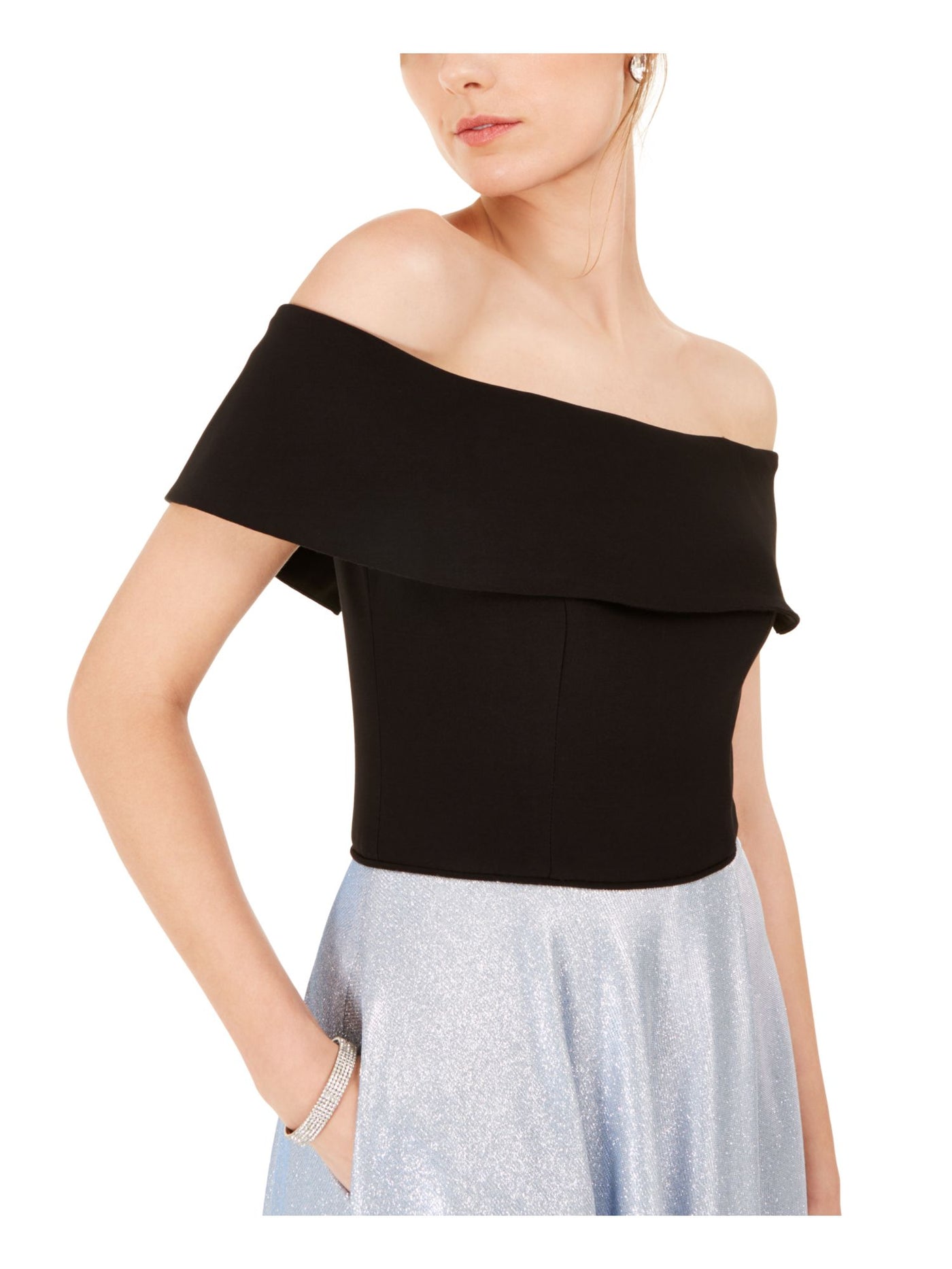 BETSY & ADAM Womens Black Glitter Slitted Short Sleeve Off Shoulder Maxi Formal Fit + Flare Dress 4