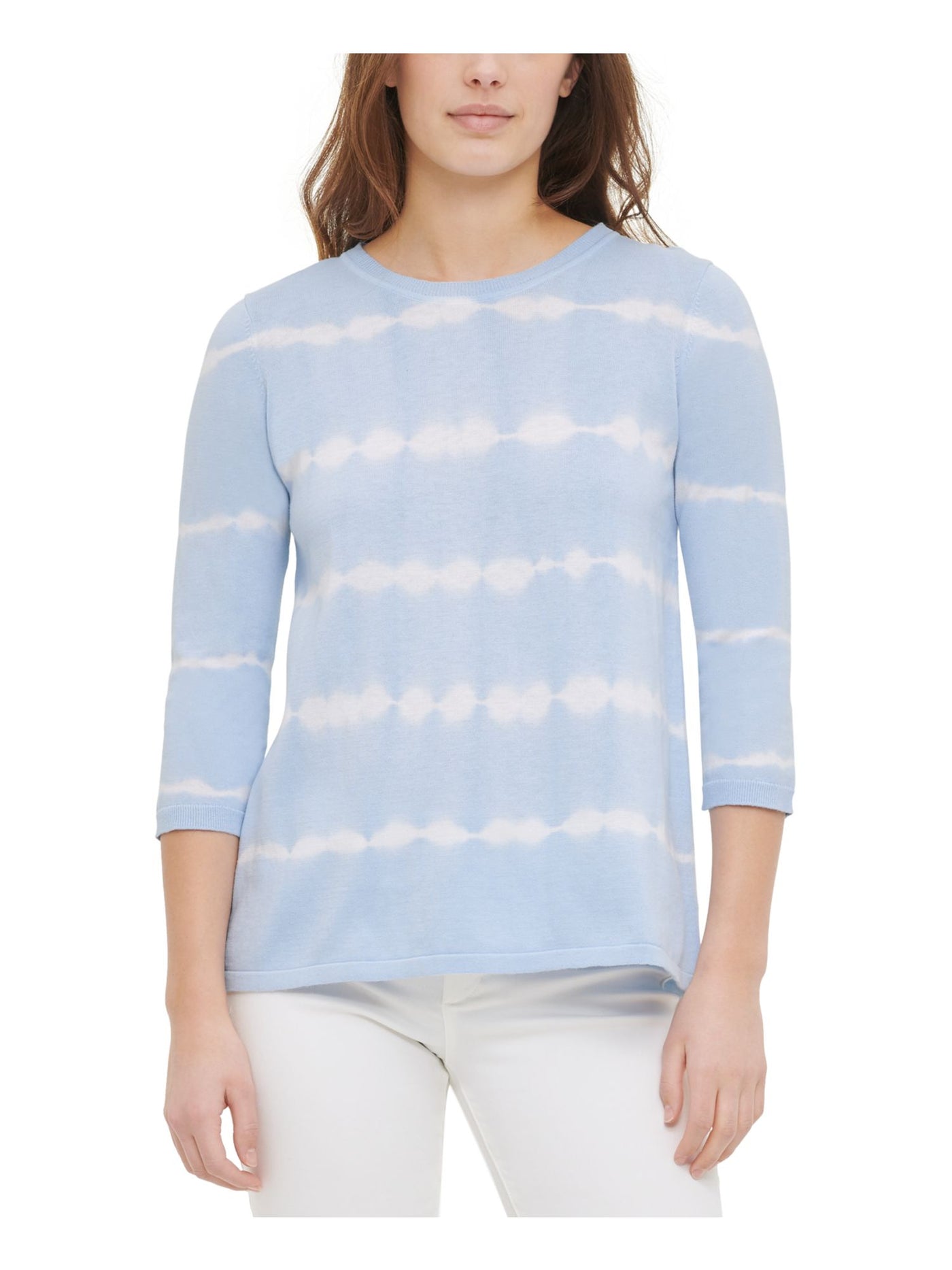 CALVIN KLEIN Womens Light Blue Acid Wash 3/4 Sleeve Jewel Neck Sweater XL