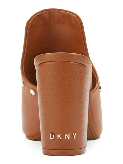 DKNY Womens Beige Extended Vamps Logo Heel Accent Cushioned Studded Hester Peep Toe Block Heel Slip On Leather Mules 8 M