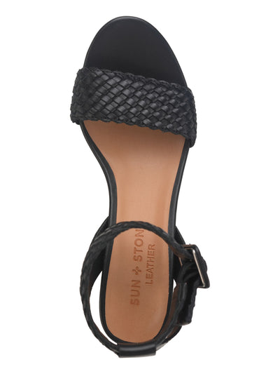 SUN STONE Womens Black Woven Ankle Strap 1/2" Platform Slip Resistant Cushioned Stefani Round Toe Block Heel Buckle Leather Dress Sandals Shoes M