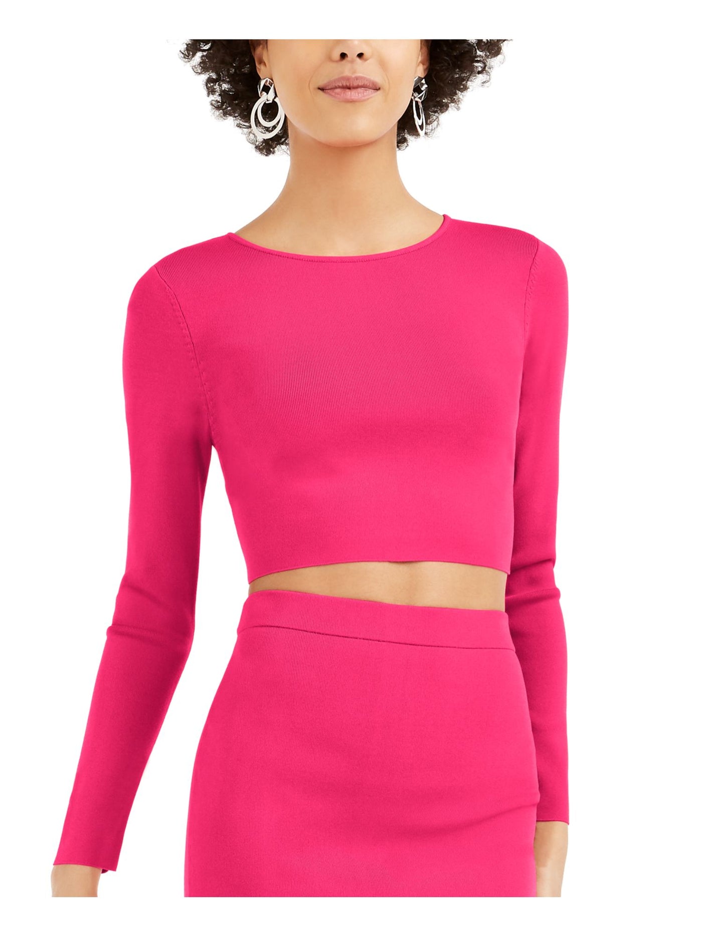 BAR III Womens Pink Long Sleeve Crew Neck Crop Top Sweater L