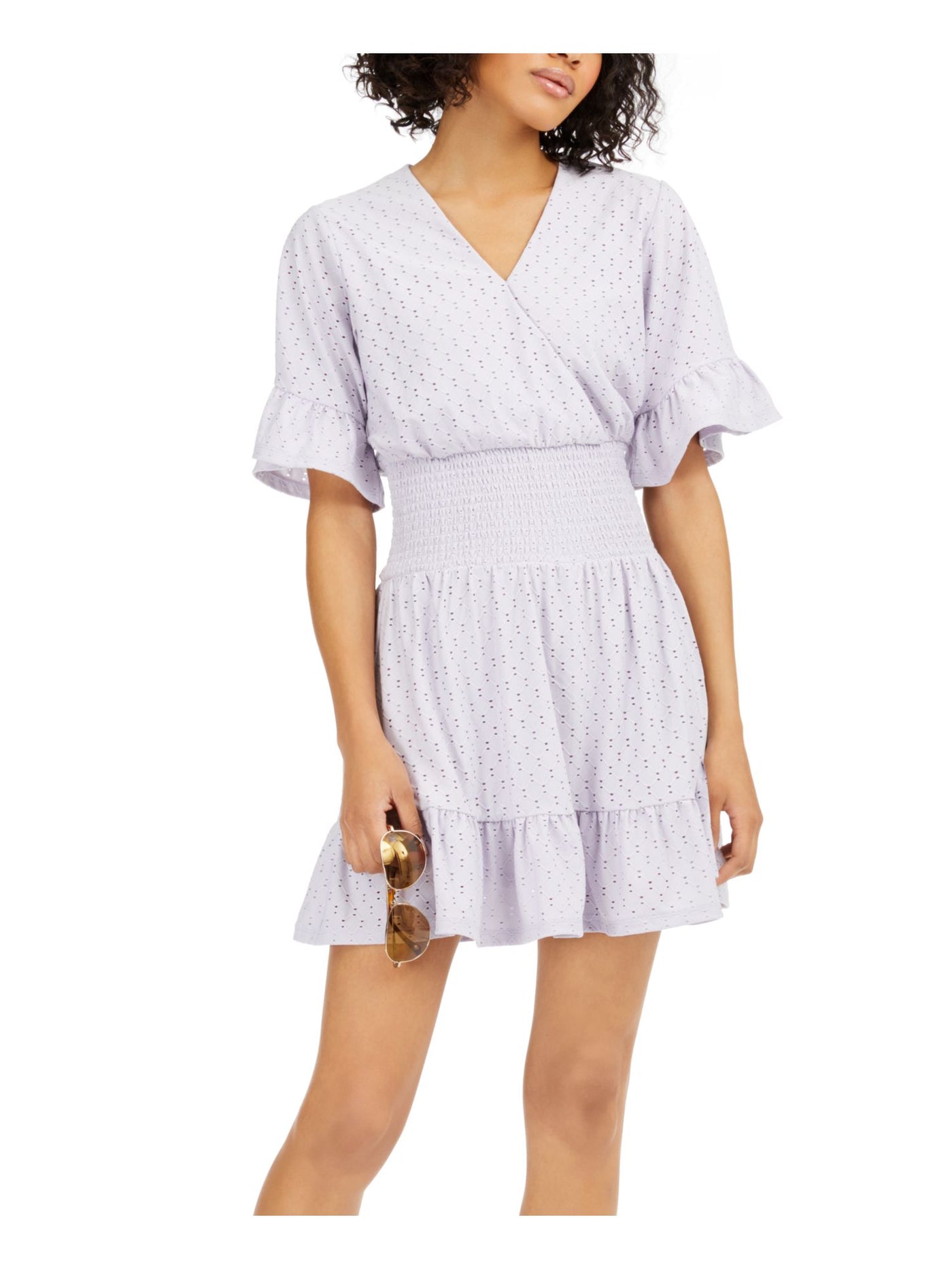 MICHAEL KORS Womens Purple Patterned Short Sleeve V Neck Micro Mini Empire Waist Dress S