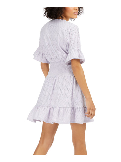 MICHAEL KORS Womens Purple Patterned Short Sleeve V Neck Micro Mini Empire Waist Dress XL