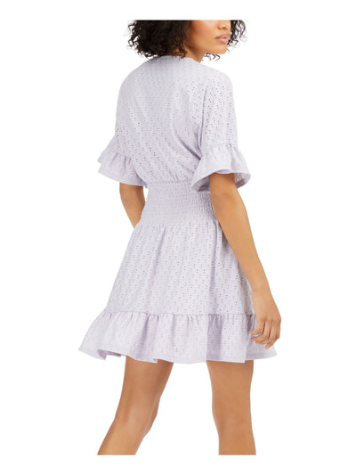 MICHAEL KORS Womens Purple Patterned Short Sleeve V Neck Micro Mini Empire Waist Dress S