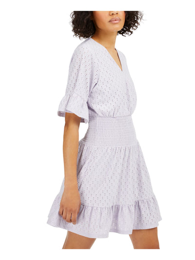 MICHAEL KORS Womens Purple Patterned Short Sleeve V Neck Micro Mini Empire Waist Dress XL
