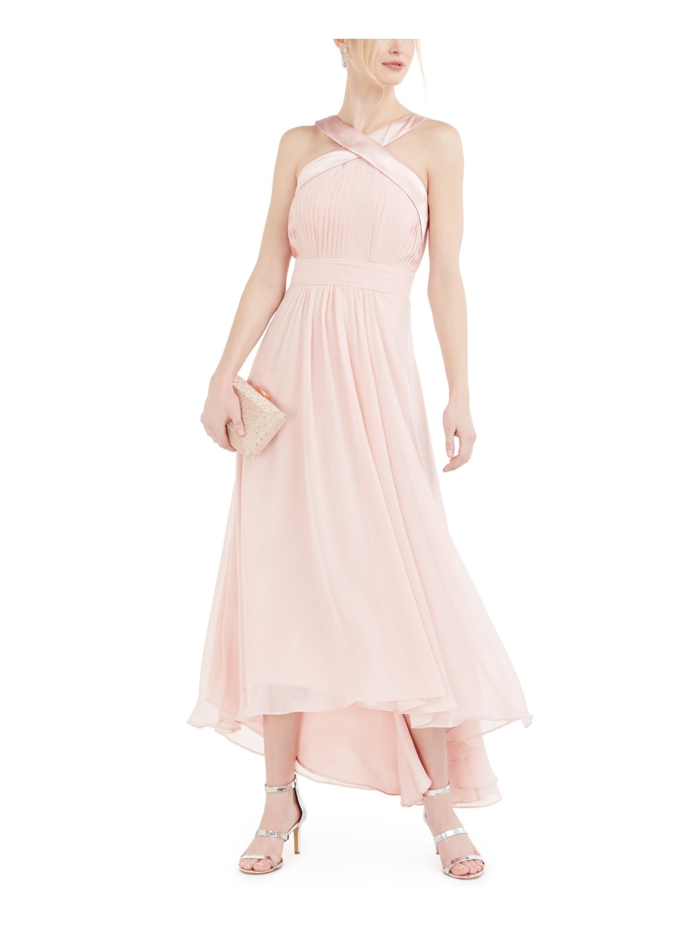 ELIZA J Womens Pink Pleated Zippered Chiffon Sleeveless Halter Full-Length Formal Hi-Lo Dress Petites 10P