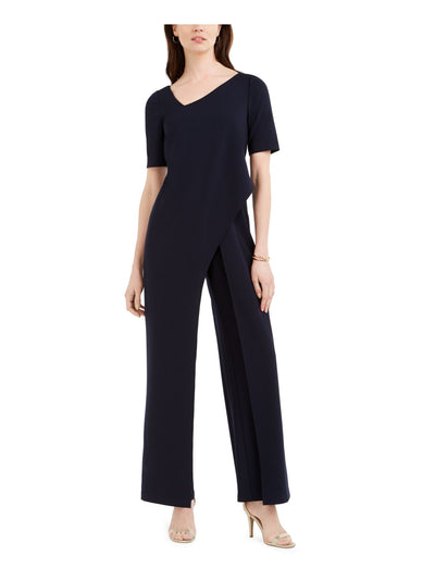 ADRIANNA PAPELL Womens Navy Short Sleeve Asymmetrical Neckline Evening Wide Leg Jumpsuit 2