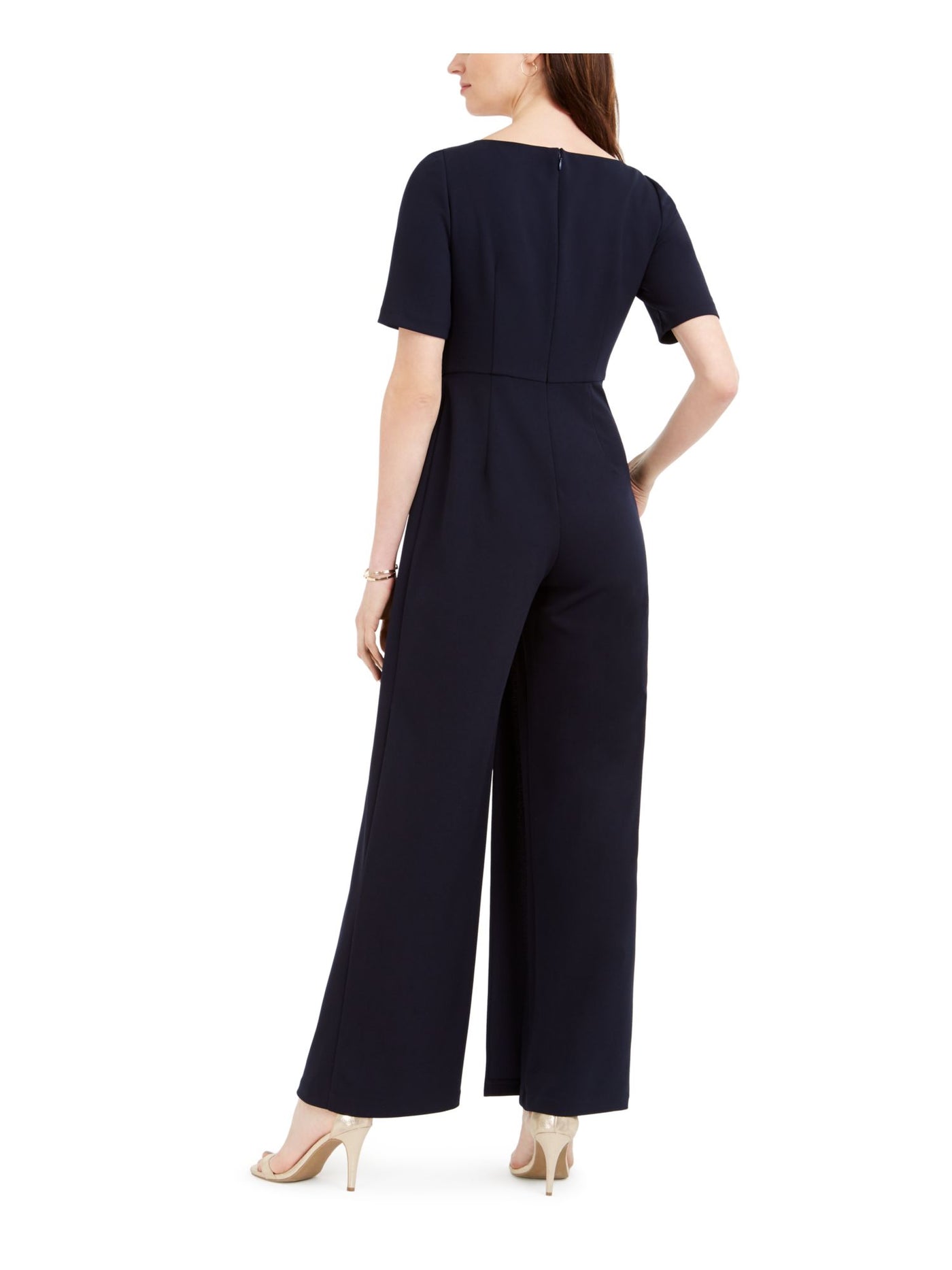 ADRIANNA PAPELL Womens Navy Short Sleeve Asymmetrical Neckline Evening Wide Leg Jumpsuit 16