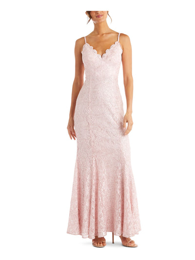 MORGAN & CO Womens Pink Lace Floral Spaghetti Strap V Neck Full-Length Formal Sheath Dress 5