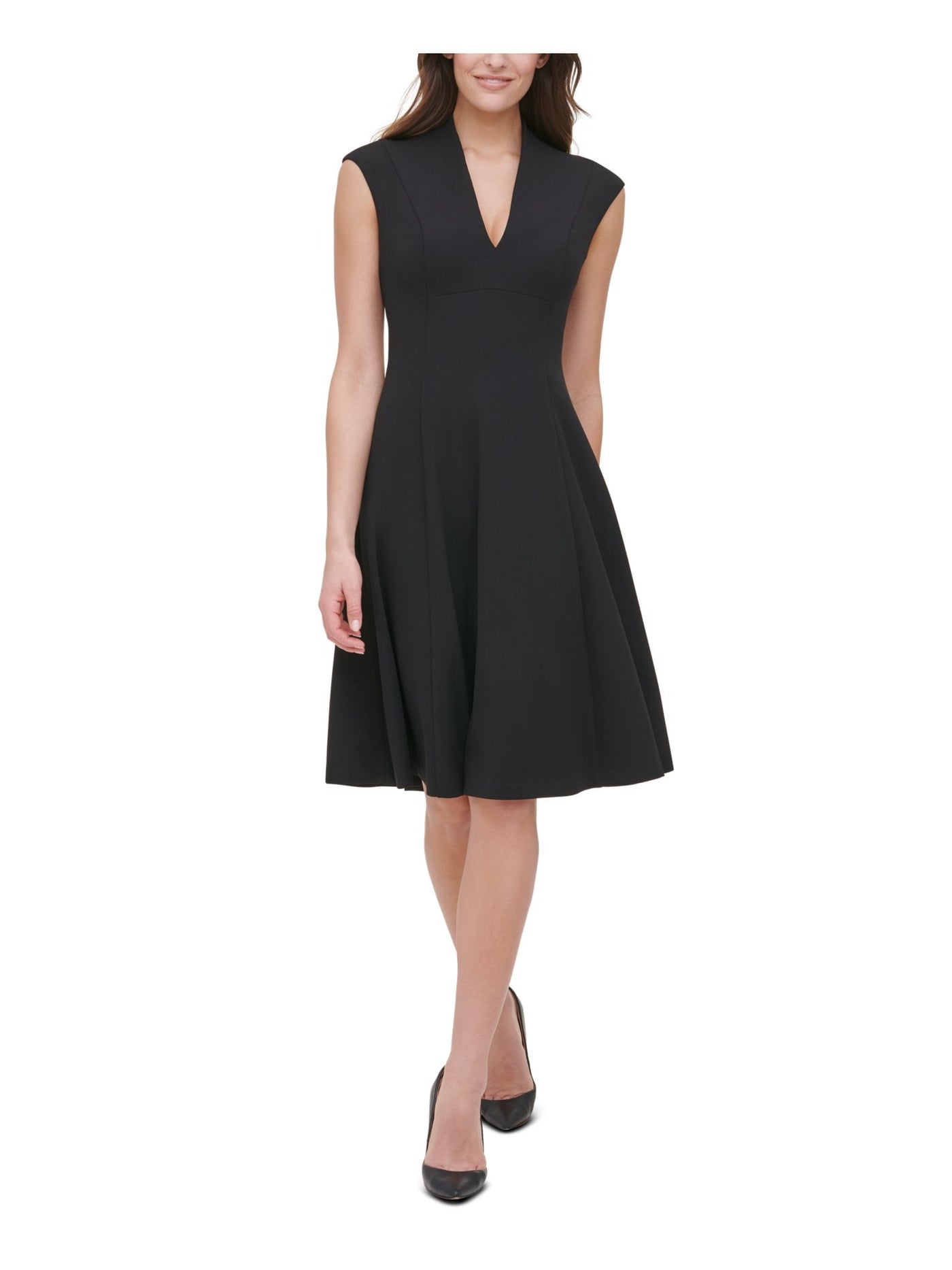 TOMMY HILFIGER Womens Black Zippered Seamed Cap Sleeve V Neck Below The Knee Wear To Work Fit + Flare Dress 8