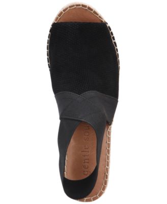 GENTLE SOULS KENNETH COLE Womens Black 1" Platform Crisscross Elastic Sling Strap Textured Vamp Cushioned Charli Round Toe Wedge Leather Espadrille Shoes