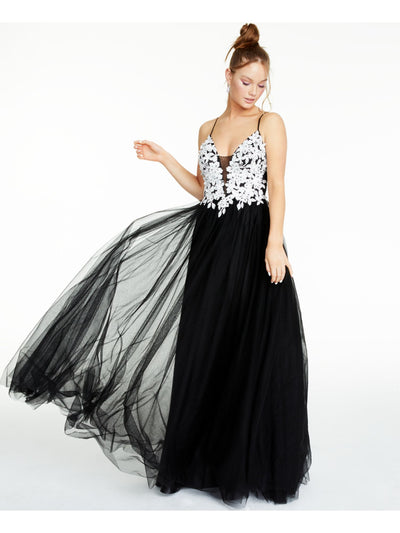 BLONDIE NITES Womens Black Embellished Zippered Mesh Floral-applique Gown Spaghetti Strap V Neck Full-Length Prom Dress Juniors 7