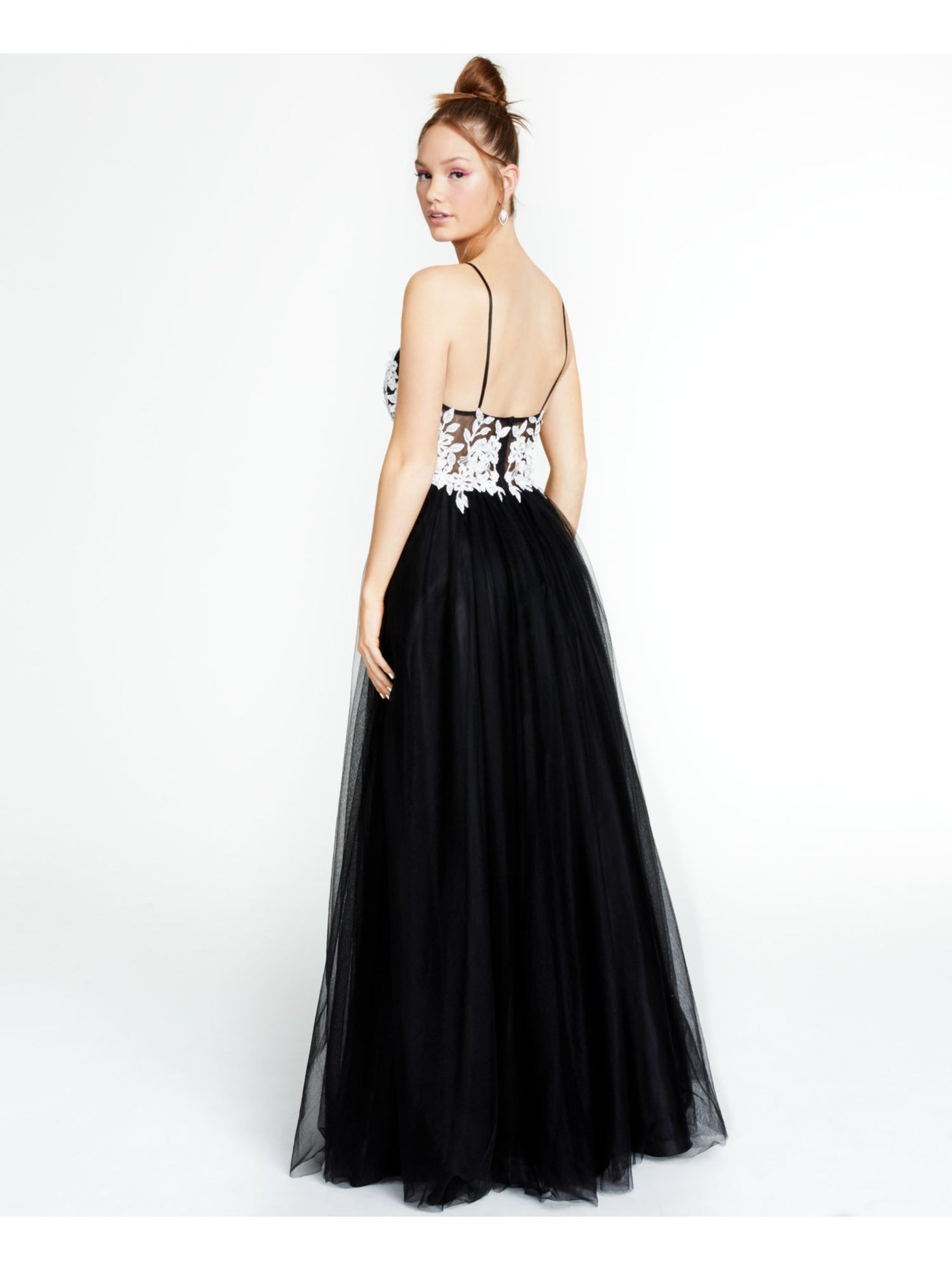 BLONDIE NITES Womens Black Embellished Zippered Mesh Floral-applique Gown Spaghetti Strap V Neck Full-Length Prom Dress Juniors 0