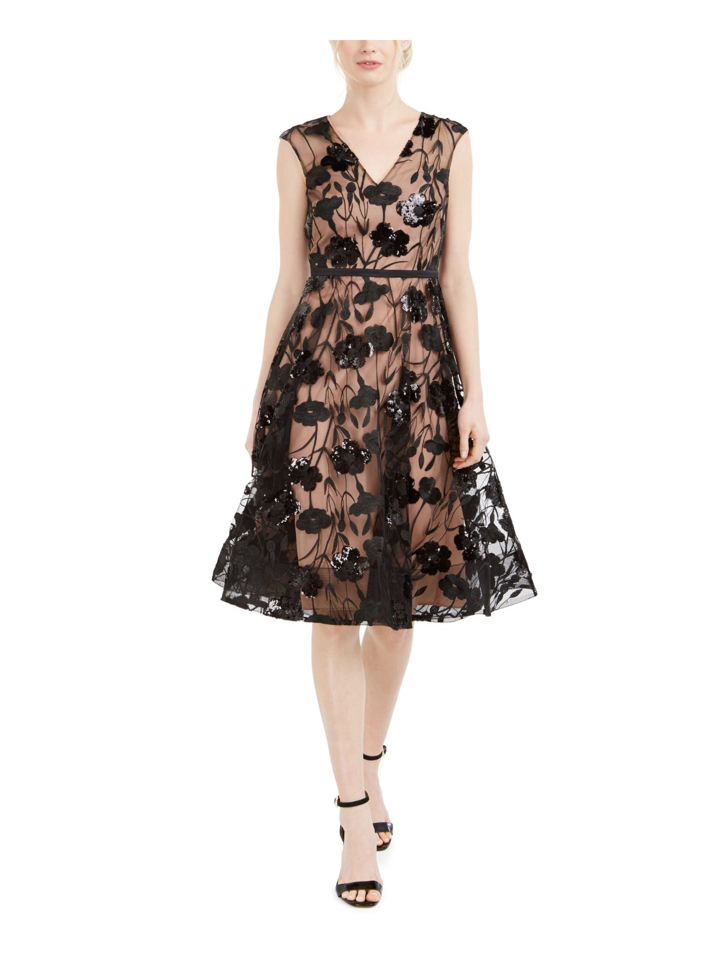 CALVIN KLEIN Womens Black Sequined Mesh Floral Sleeveless V Neck Knee Length Evening Fit + Flare Dress 4