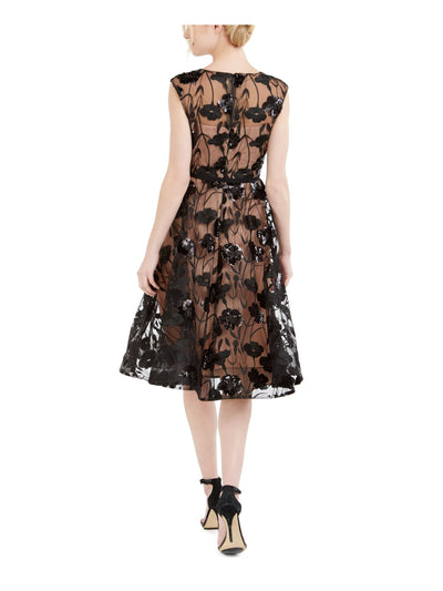CALVIN KLEIN Womens Black Sequined Mesh Floral Sleeveless V Neck Knee Length Evening Fit + Flare Dress 4