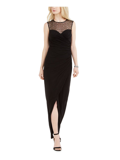 VINCE CAMUTO Womens Black Embellished Lace Zippered Sleeveless Illusion Neckline Maxi Evening Tulip Dress Petites 4P