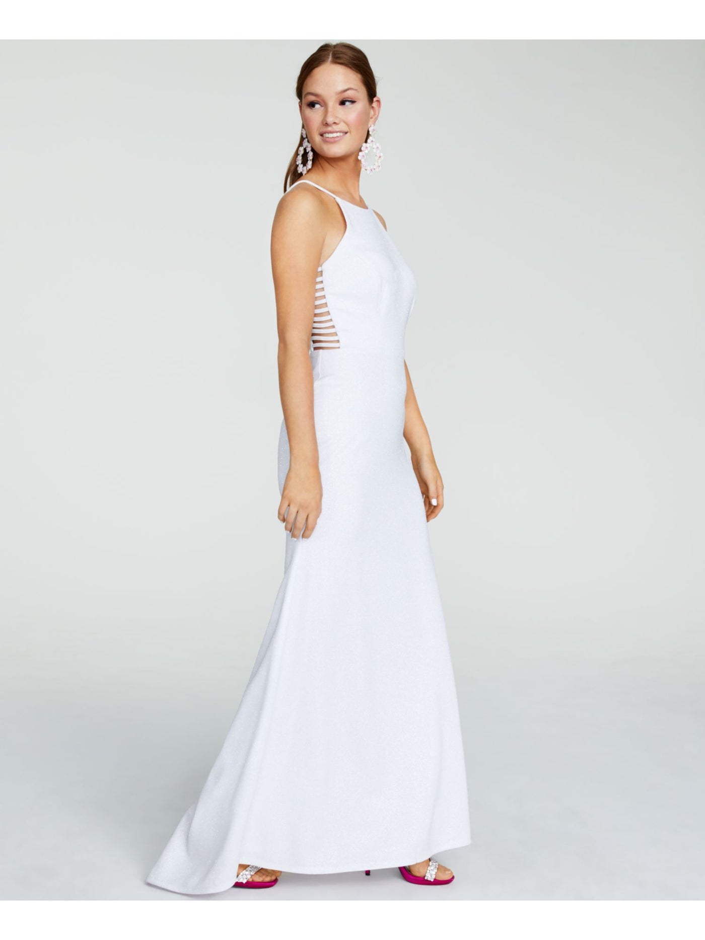 JUMP APPAREL Womens White Glitter Cut Out Sleeveless Halter Full-Length Formal Fit + Flare Dress Juniors 5\6