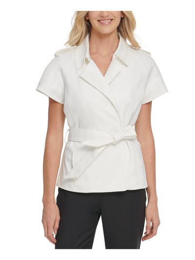 DKNY Womens Belted Cap Sleeve Collared Wrap Top