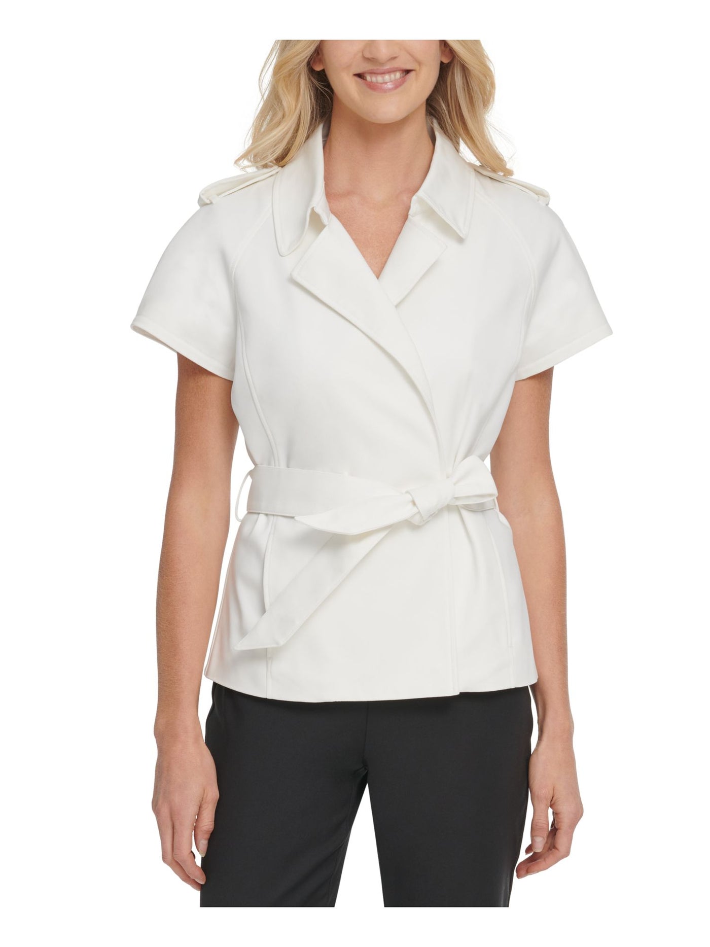 DKNY Womens Ivory Belted Cap Sleeve Collared Wrap Top L