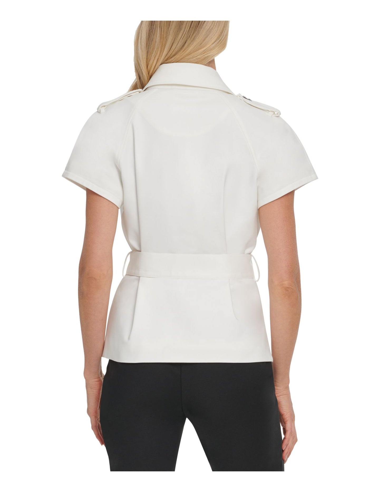 DKNY Womens Belted Cap Sleeve Collared Wrap Top