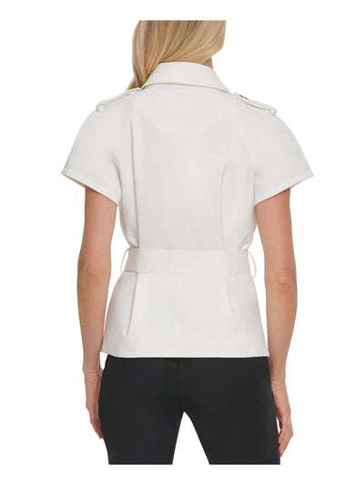 DKNY Womens Ivory Belted Cap Sleeve Collared Wrap Top L