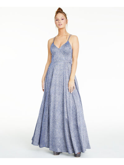 SEQUIN HEARTS Womens Blue Glitter Spaghetti Strap V Neck Formal Empire Waist Dress Juniors 9
