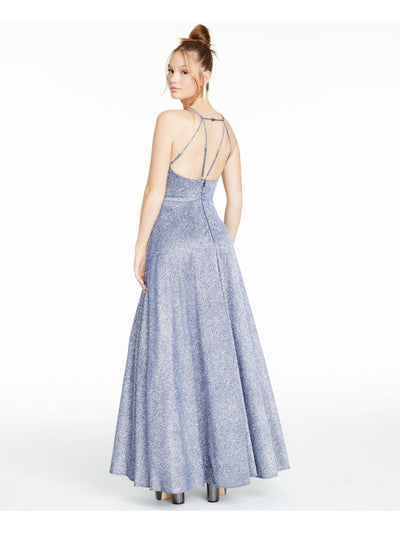 SEQUIN HEARTS Womens Blue Glitter Spaghetti Strap V Neck Formal Empire Waist Dress Juniors 9