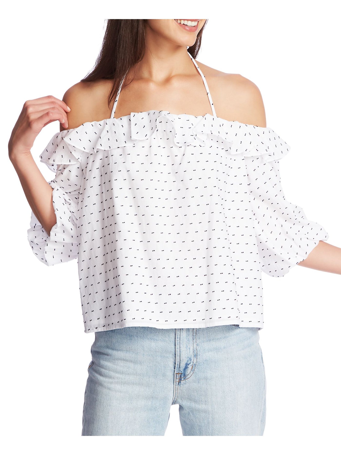 1. STATE Womens White Low Back Printed Short Sleeve Off Shoulder Evening Top XXS