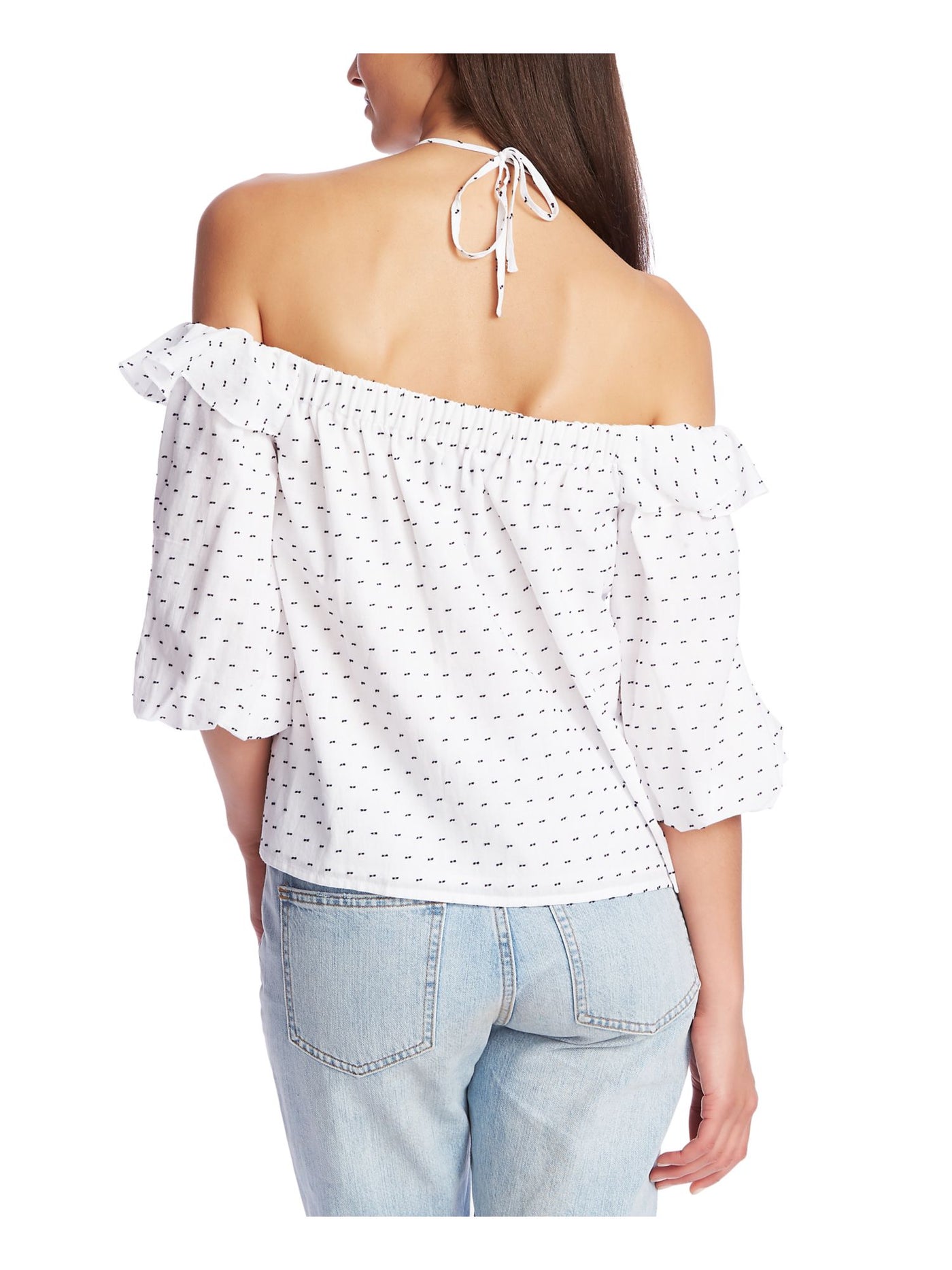 1. STATE Womens White Low Back Printed Short Sleeve Off Shoulder Evening Top XXS