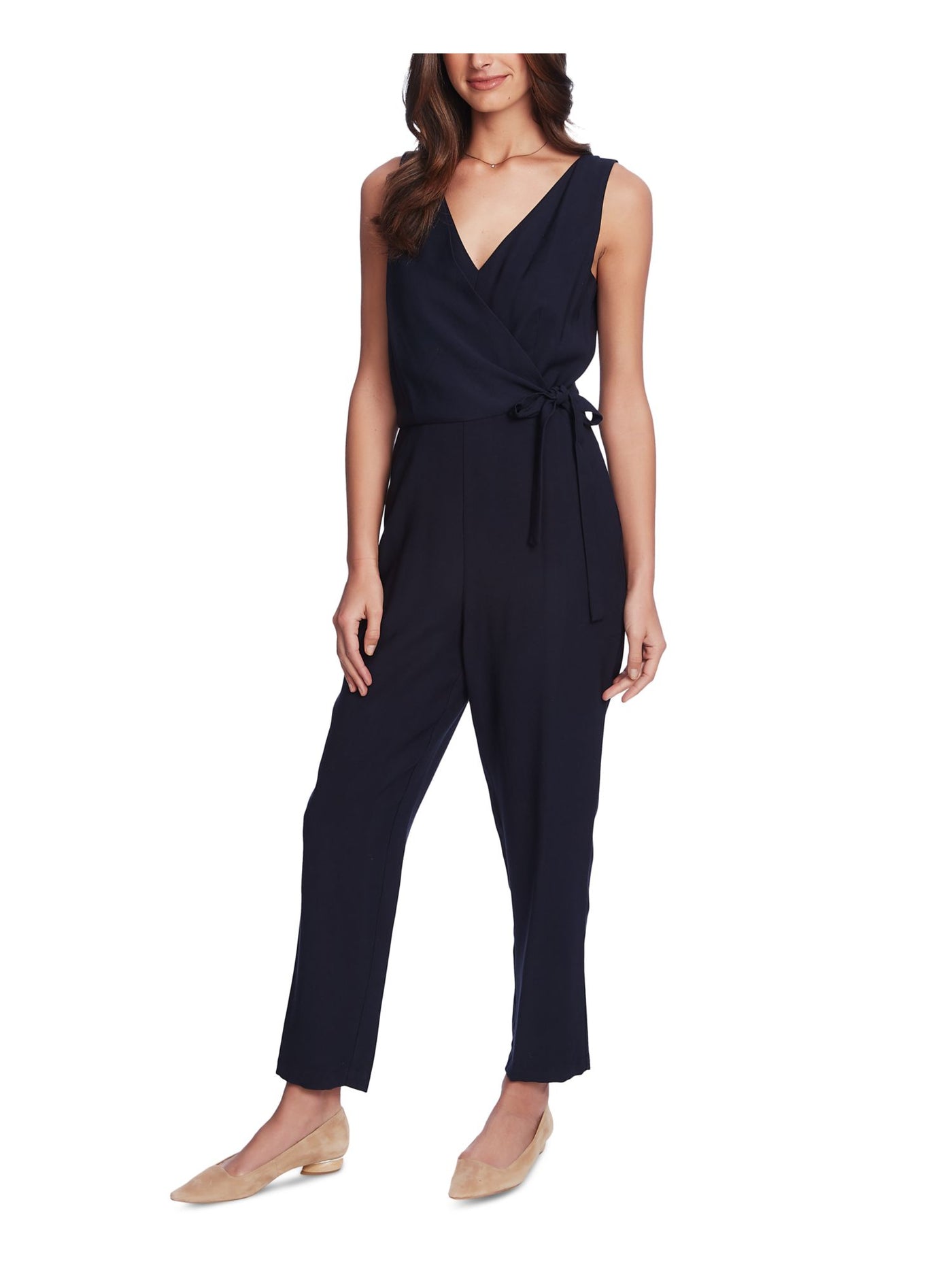 1. STATE Womens Navy Pocketed Sleeveless V Neck Evening Faux Wrap Wide Leg Jumpsuit 2