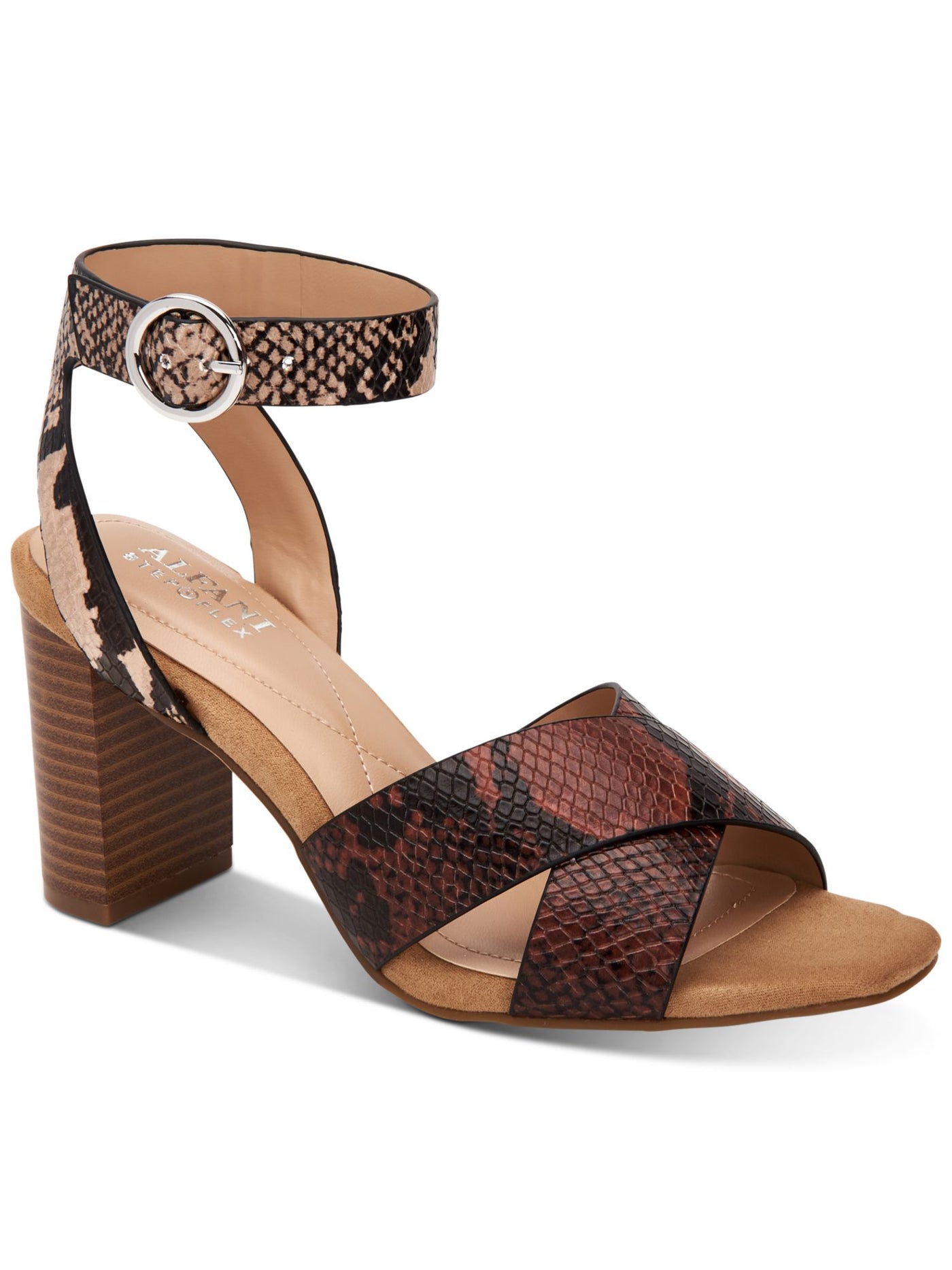 ALFANI Womens Brown Snake Print Crisscross Straps Cushioned Ankle Strap Irinna Square Toe Block Heel Buckle Sandals Shoes 5 M