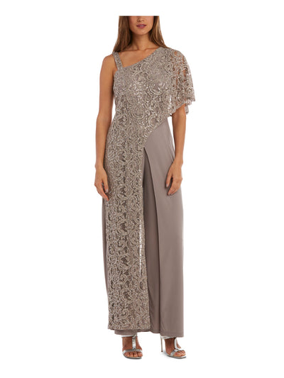 R&M RICHARDS Womens Beige Sequined Lace One Shoulder Sleeveless Asymmetrical Neckline Evening Wide Leg Jumpsuit 12