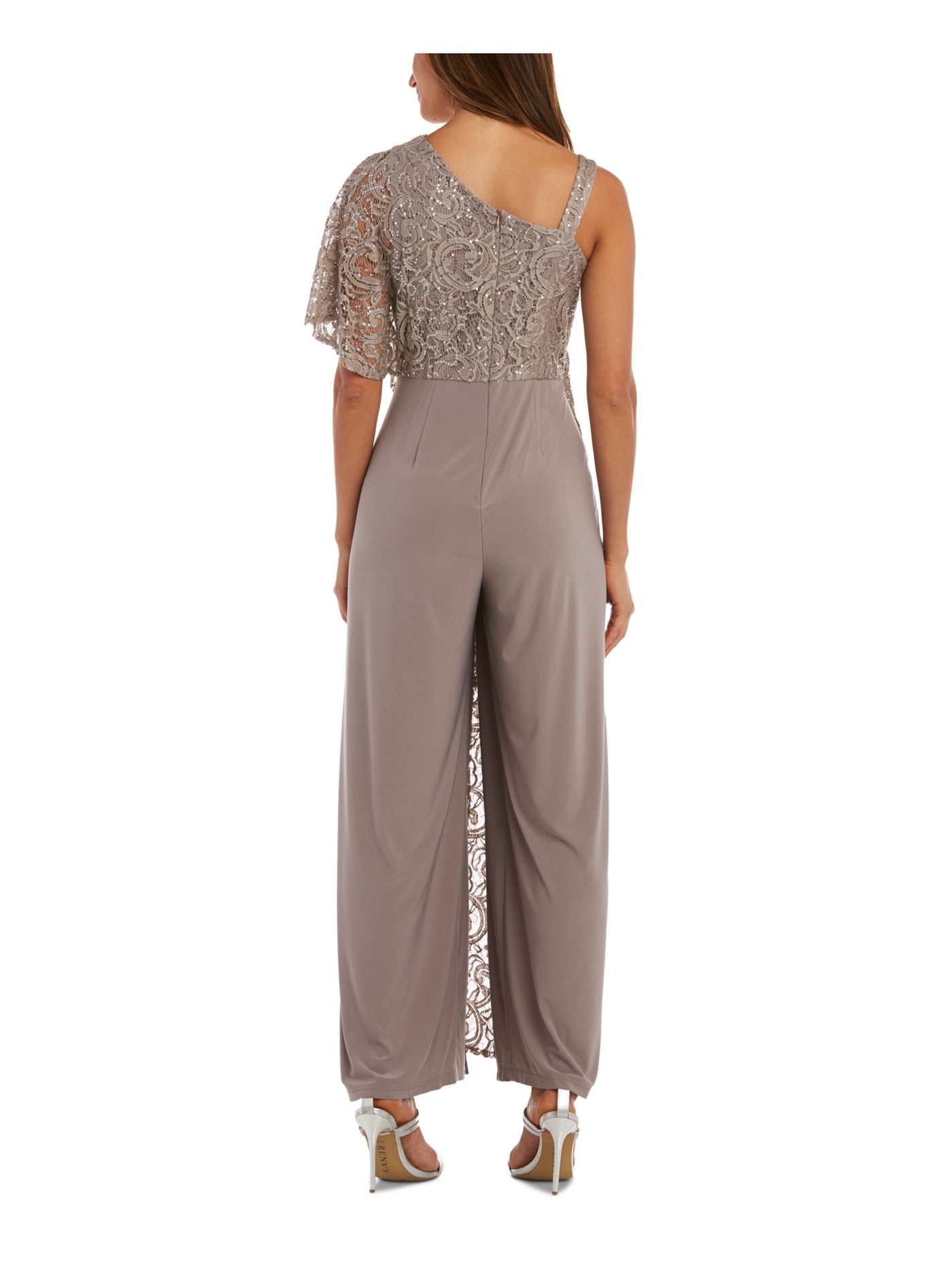 R&M RICHARDS Womens Beige Sequined Lace One Shoulder Sleeveless Asymmetrical Neckline Evening Wide Leg Jumpsuit 12