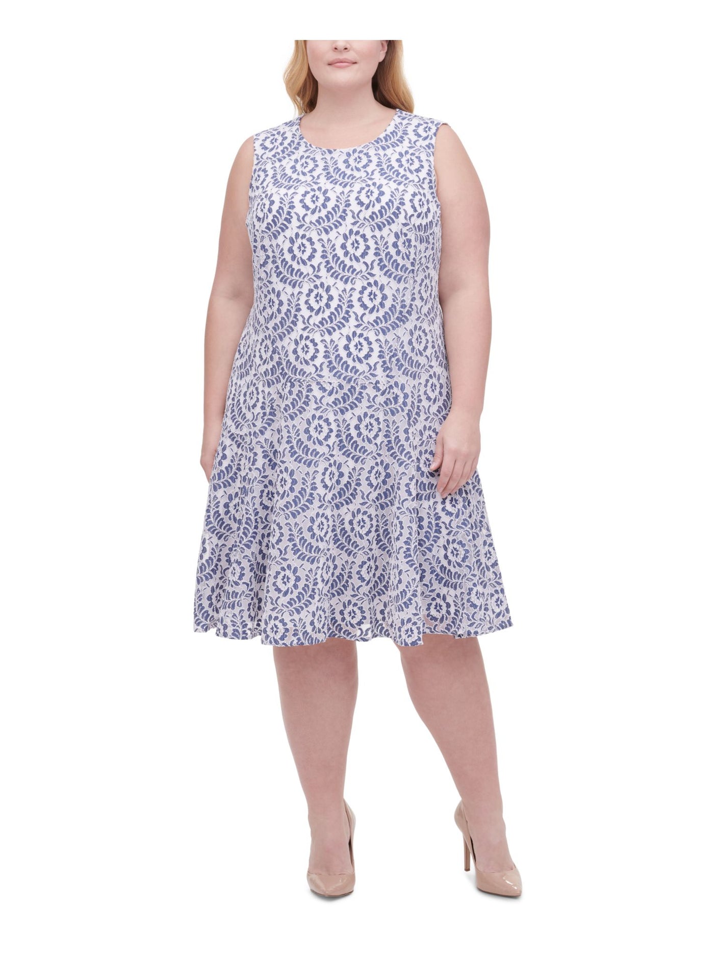TOMMY HILFIGER Womens Blue Lace Zippered Printed Sleeveless Crew Neck Knee Length Cocktail Fit + Flare Dress Plus 18W