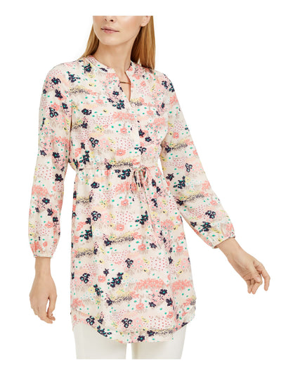 MAISON JULES Womens Pink Drawstring Floral Long Sleeve V Neck Short Shirt Dress L