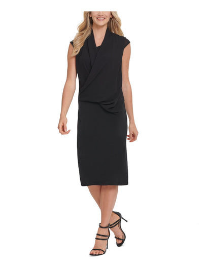 DKNY Womens Black Cap Sleeve V Neck Below The Knee Wrap Dress S