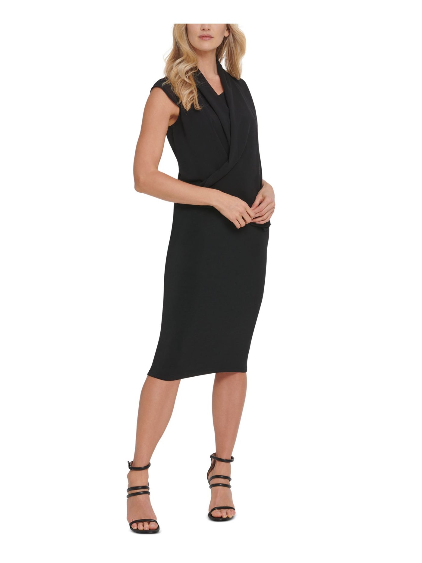 DKNY Womens Black Cap Sleeve V Neck Below The Knee Wrap Dress S