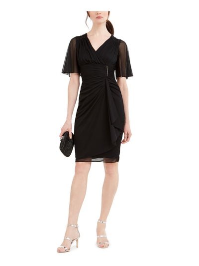 BETSY & ADAM Womens Black Flutter V Neck Short Sheath Cocktail Dress Size: 6