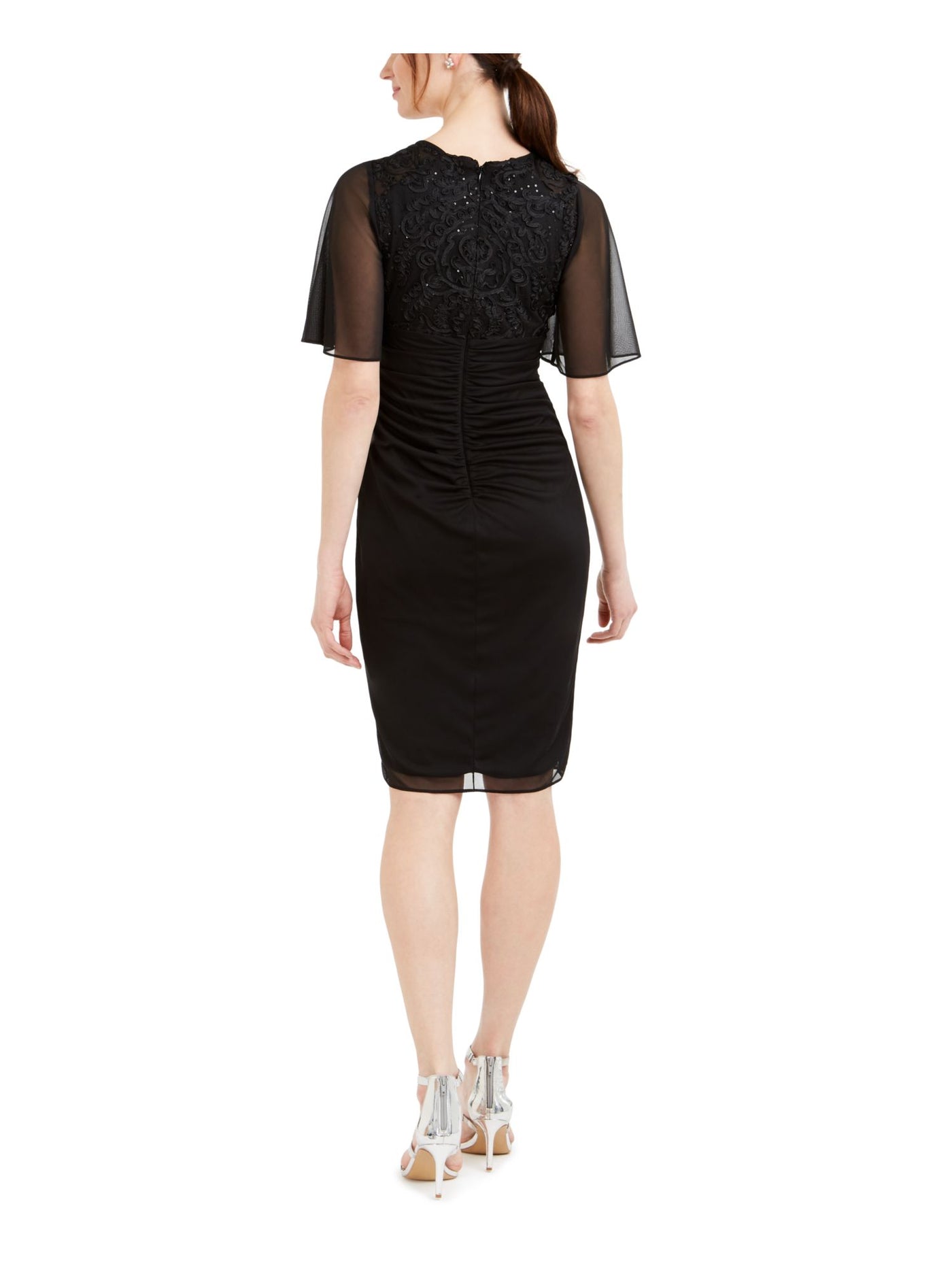 BETSY & ADAM Womens Black Flutter V Neck Short Sheath Cocktail Dress Size: 6