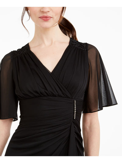 BETSY & ADAM Womens Black Lace Embellished Ruched Flutter V Neck Short Cocktail Sheath Dress 4