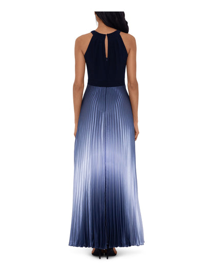 BETSY & ADAM Womens Navy Zippered Gown Ombre Sleeveless Halter Maxi Evening Accordion Pleat Dress 2